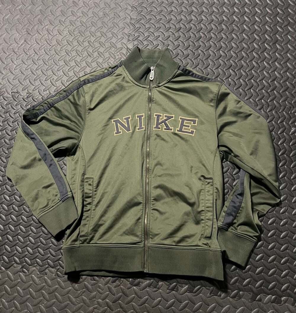 Vintage Nike Olive Green Full Zip Track Jacket with Striped Sleeves